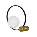 lámpara sobremesa cristal blanco y acero negro con base de acero pulido dorado