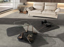 Mesa centro extensible cuadrada cristal templado y mármol porcelánico, acero color dorado y acero negro en ambiente decorado (2)
