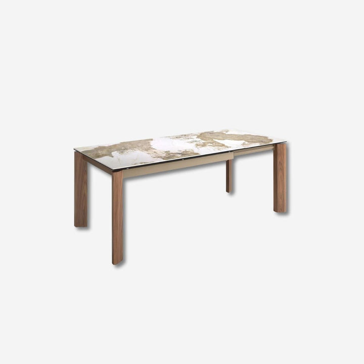 Mesa comedor extensible rectangular mármol porcelánico y nogal