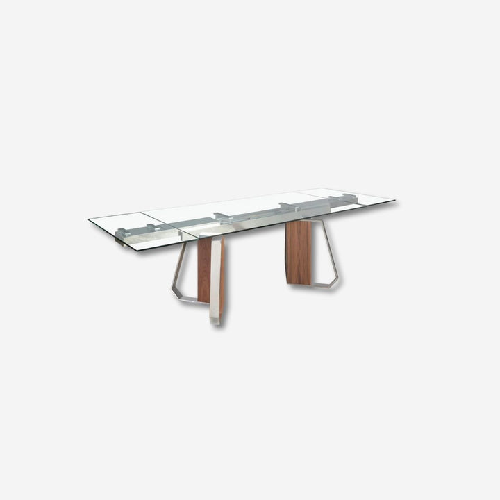 Mesa comedor extensible rectangular cristal templado, nogal y acero cromado