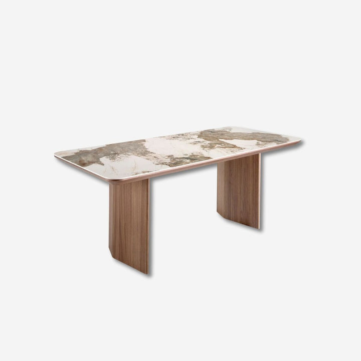 Mesa comedor rectangular mármol porcelánico y nogal