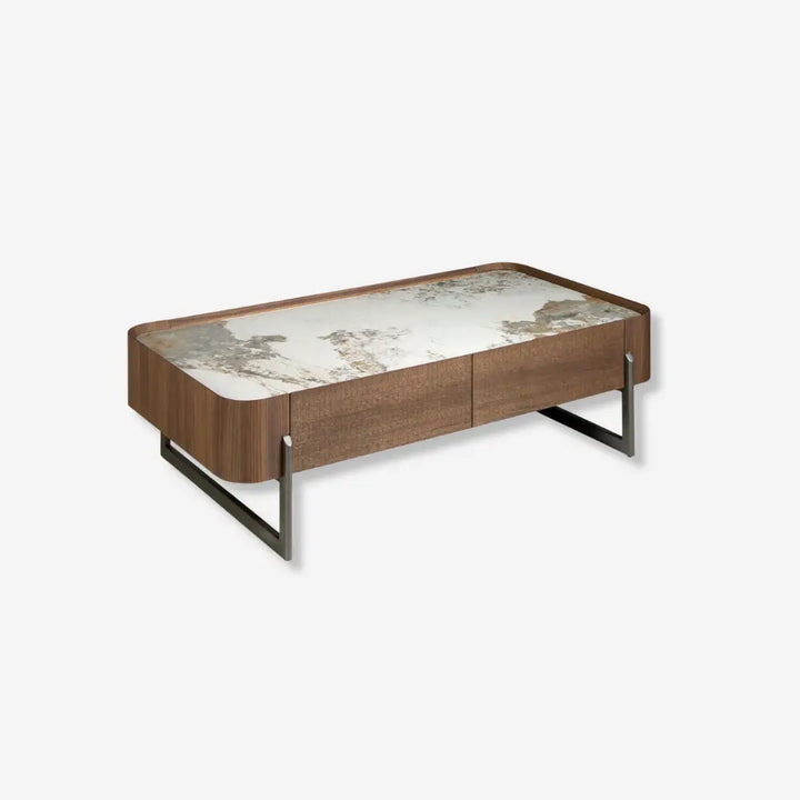 Mesa centro rectangular mármol porcelánico, nogal y acero visón metal