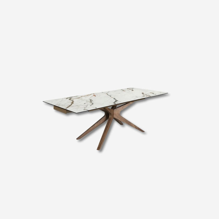 Mesa comedor extensible rectangular mármol porcelánico y nogal