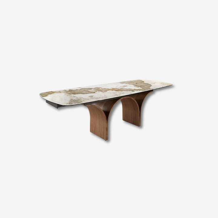 Mesa comedor extensible ovalada barril mármol porcelánico y acero efecto nogal