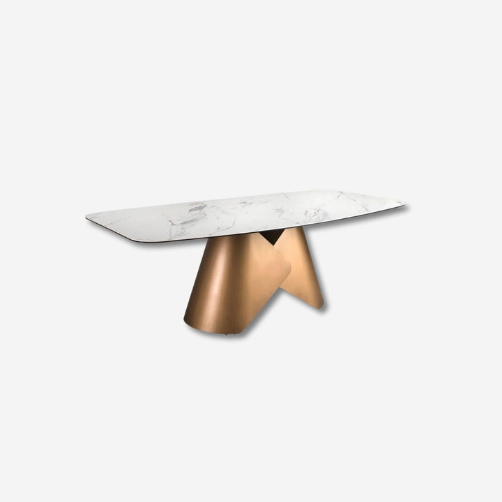 Mesa comedor ovalada barril mármol porcelánico y acero color bronce