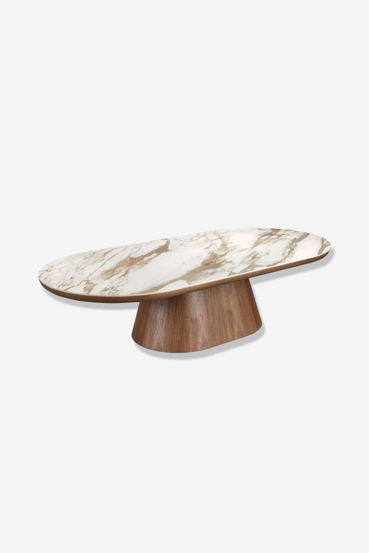 Mesa centro ovalada medio punto mármol porcelánico y nogal - Mesa de centro - El Workshop - nogal