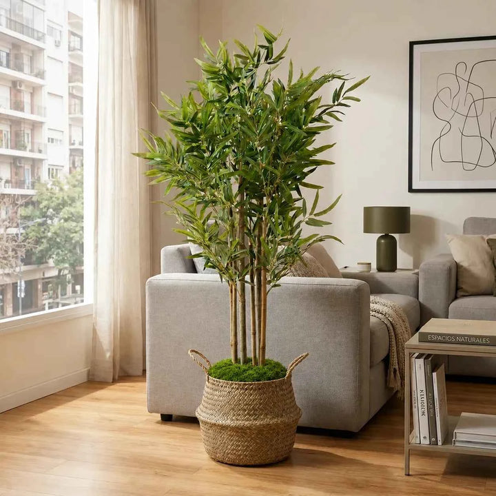 Planta Artificial Bambú 120cm + Cesto 27cm + Musgo