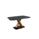 Mesa comedor extensible ovalada barril mármol porcelánico y nogal