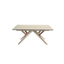 Mesa comedor extensible rectangular mármol porcelánico, acero arena metalizado y nogal