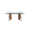 Mesa comedor extensible rectangular cristal templado, nogal y acero cromado