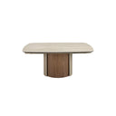 Mesa comedor extensible rectangular mármol porcelánico, acero arena metalizado y nogal