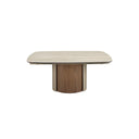 Extendable rectangular dining table in porcelain marble, metallic sand steel, and walnut