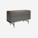 Cómoda de diseño moderno con estructura de madera de MDF color gris oscuro en acabado mate y unas originales patas de acero inoxidable color negro.