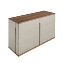 Cómoda de diseño moderno con estructura de madera de MDF color gris y una original base de madera chapada en color nogal. 