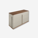 Cómoda de diseño moderno con estructura de madera de MDF color gris y una original base de madera chapada en color nogal. 
