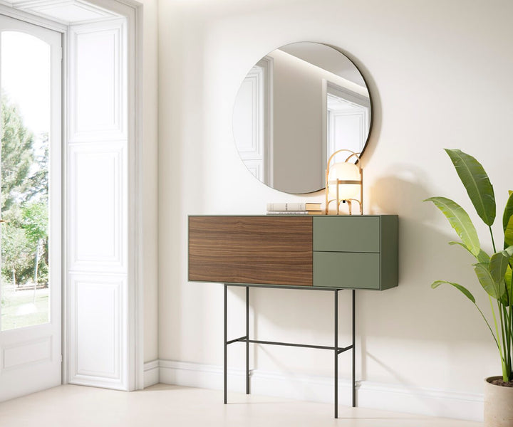 Tenerife console table in lacquered wood with custom-made black metal legs 