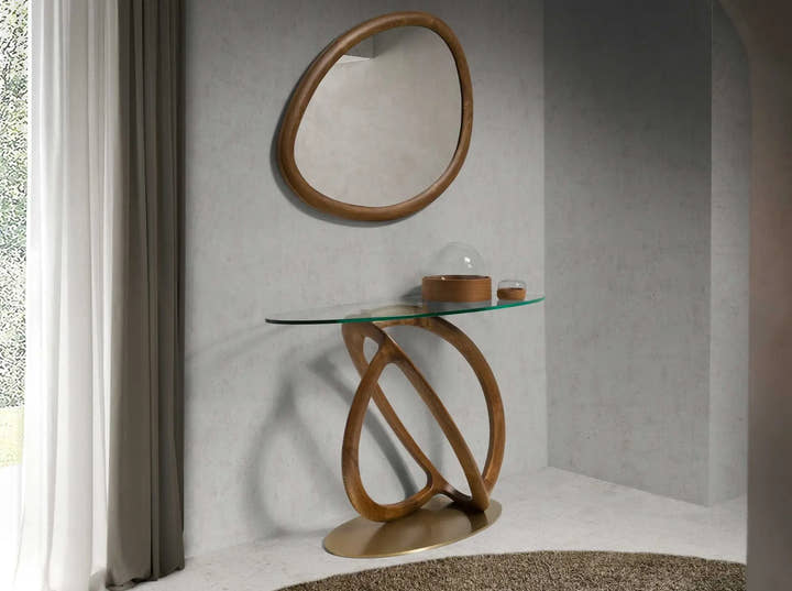 Consola ovalada cristal templado, nogal y acero pulido dorado - Mesa consola - El Workshop - dorado