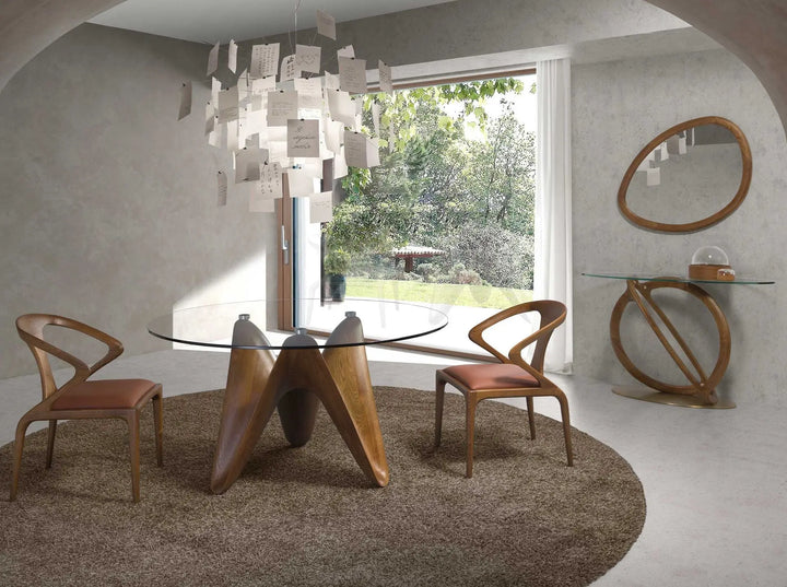 Consola ovalada cristal templado, nogal y acero pulido dorado