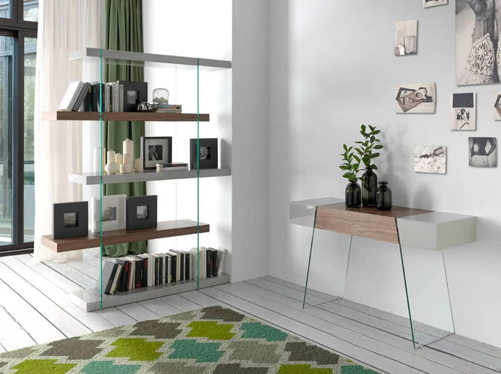 Consola rectangular madera gris, nogal y cristal templado - Mesa consola - El Workshop - 120x40x73cm