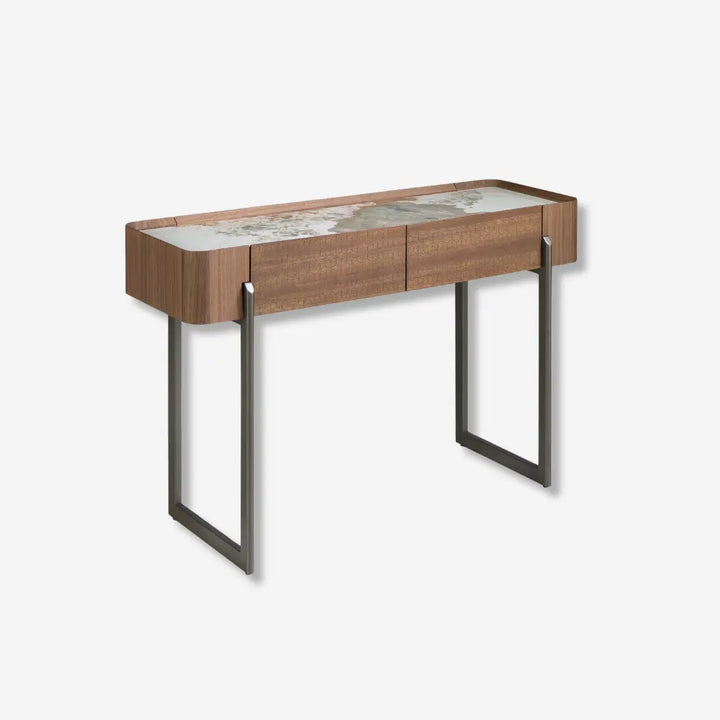Consola rectangular mármol porcelánico, nogal y acero visón metal
