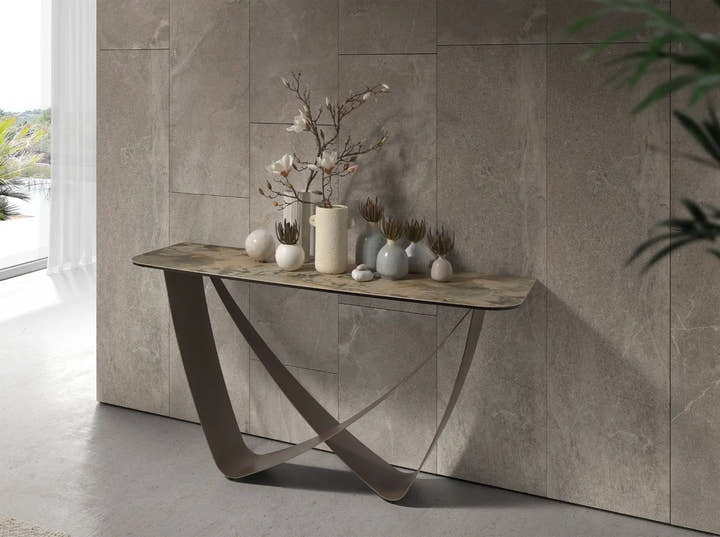 Consola rectangular mármol porcelánico y acero taupé metalizado - Mesa consola - El Workshop - dorado