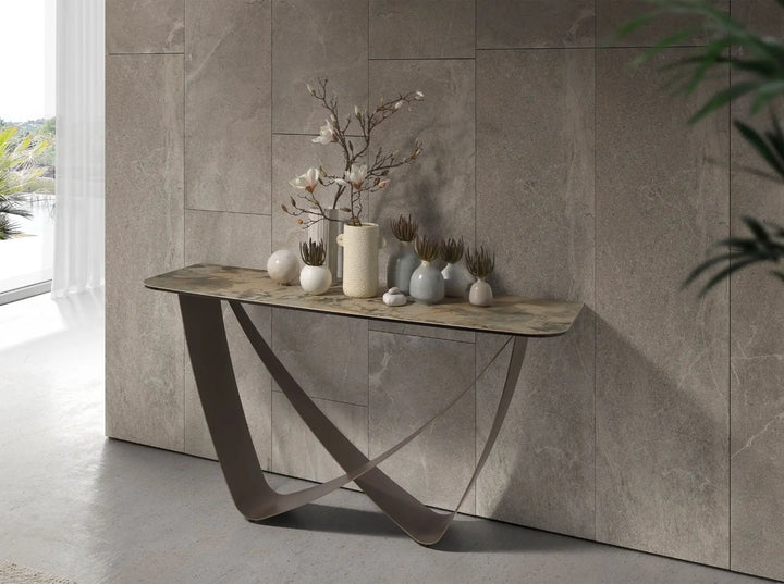 Consola rectangular mármol porcelánico y acero taupé metalizado
