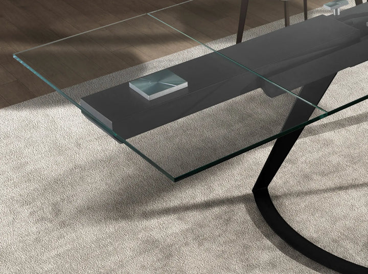 Mesa comedor extensible rectangular cristal templado y acero negro