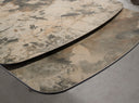 Mesa comedor extensible ovalada barril mármol porcelánico y acero taupé metalizado
