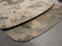 Extendable oval barrel dining table in porcelain marble and metallic taupe steel