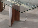 Mesa comedor extensible rectangular cristal templado, nogal y acero cromado