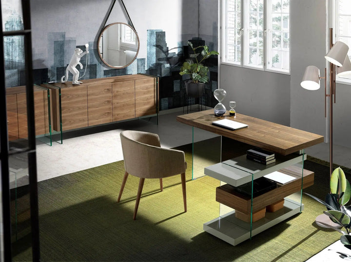 Escritorio madera gris y tono natural y cristal templado con tapa de nogal