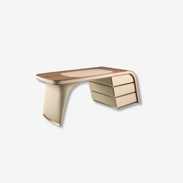 Bureau van notenhout en hout, bekleed met crèmekleurig kunstleer