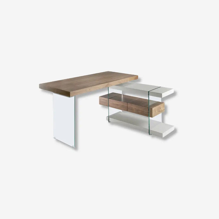 Bureau van grijs en natuurkleurig hout met gehard glas en notenhouten blad