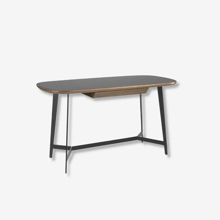 Bureau van notenhout en zwart staal met zwart glazen blad