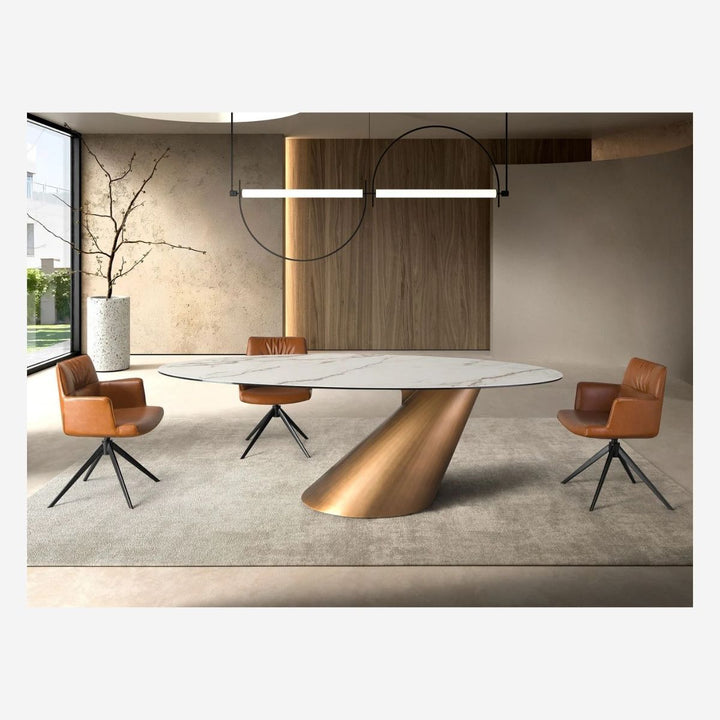Mesa comedor ovalada mármol porcelánico y acero color bronce