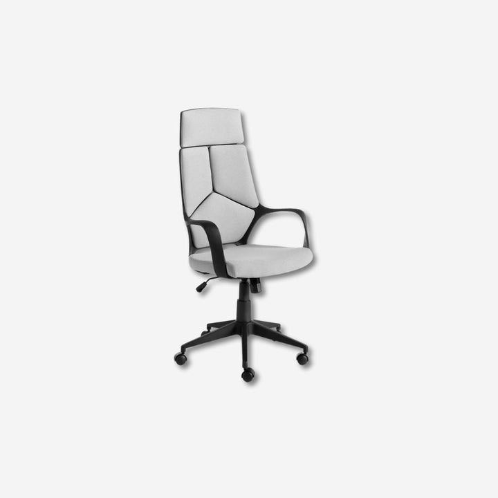 Swivel office chair in light grey fabric and black PVC