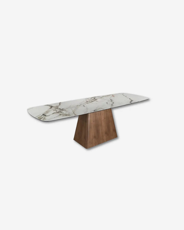 Mesa comedor extensible rectangular mármol porcelánico y nogal