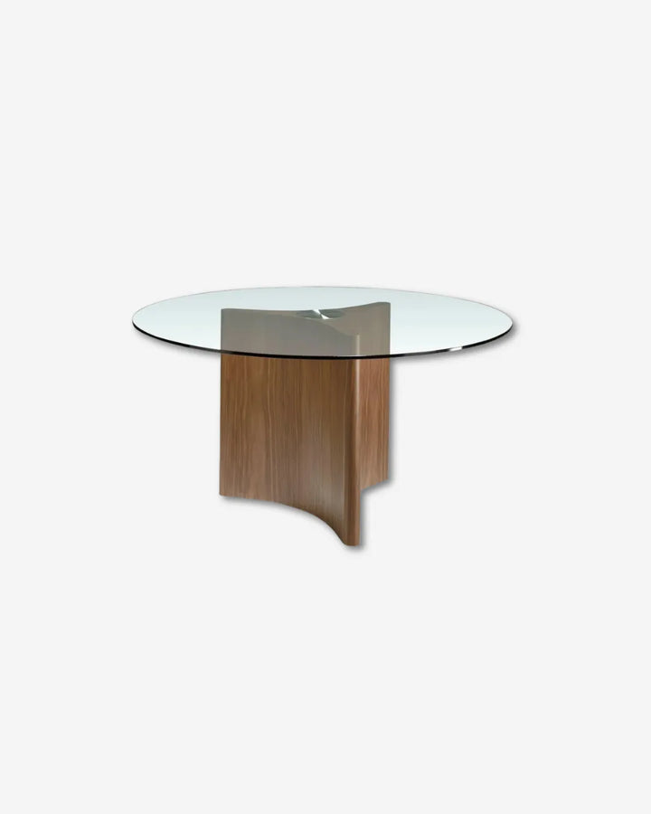 Mesa comedor redonda cristal templado y nogal