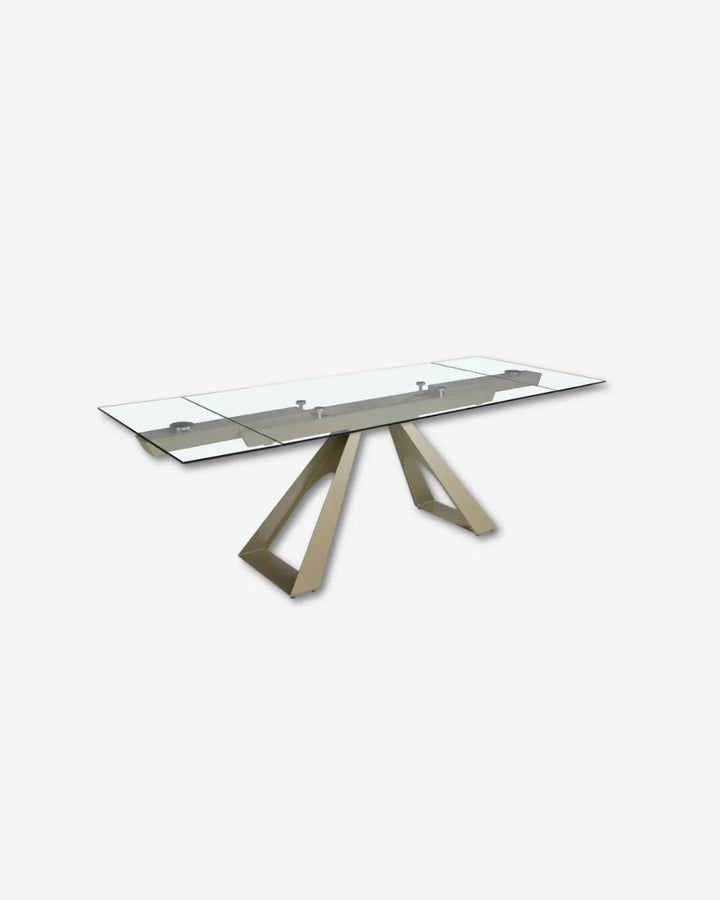 Mesa comedor extensible rectangular cristal templado y acero color champagne