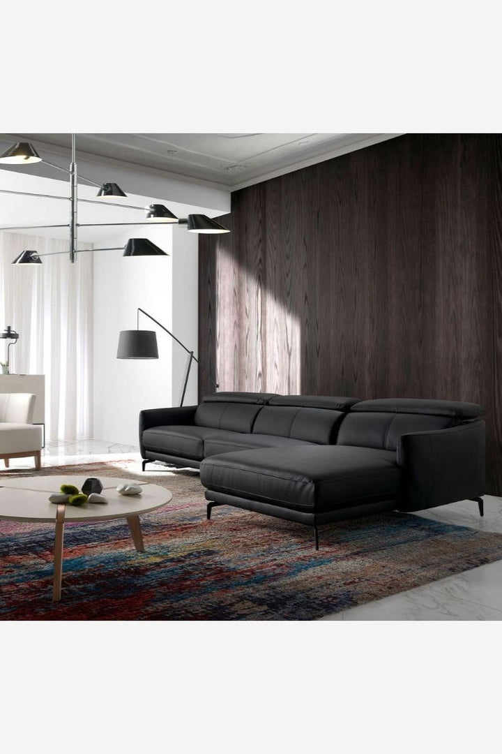 Black leather right-hand chaise longue sofa