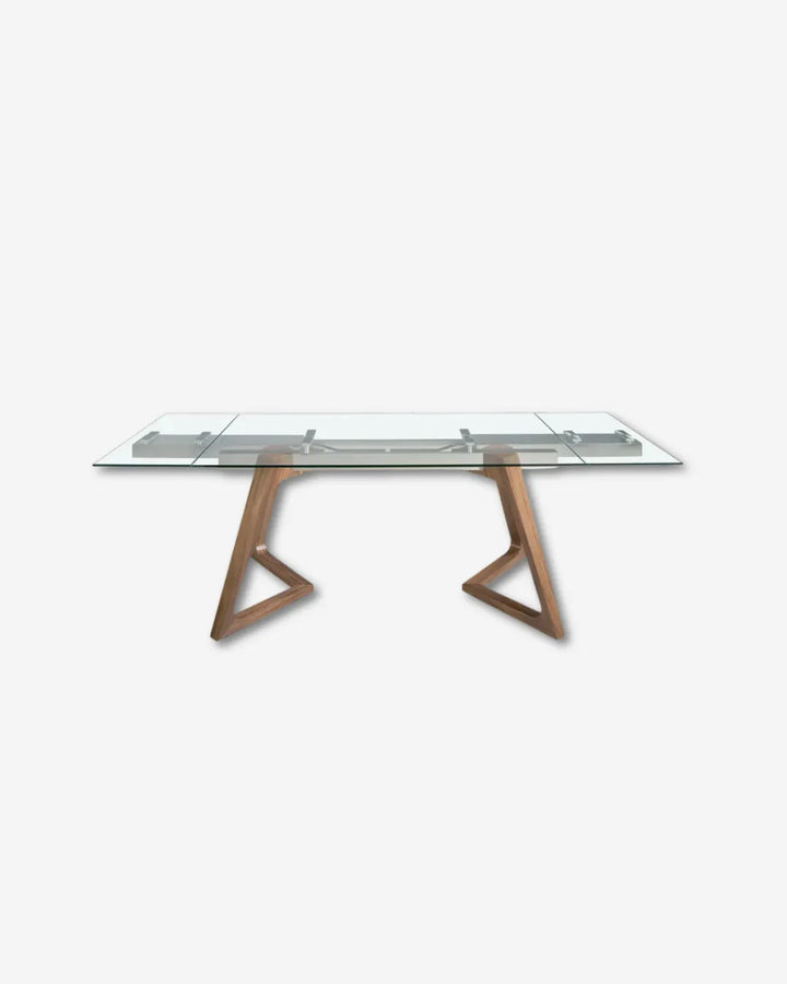 Rechthoekige uitschuifbare eettafel met gehard glas en walnoot