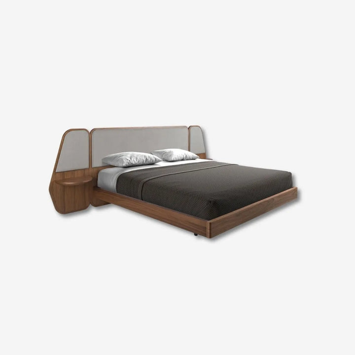 Walnut and gray fabric bed