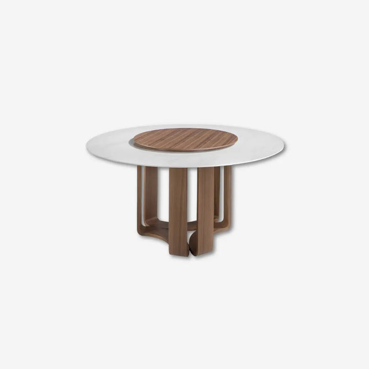 Mesa comedor redonda mármol porcelánico y nogal