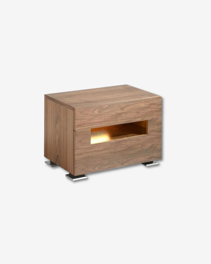 Mesita de noche nogal y acero pulido con iluminación interior