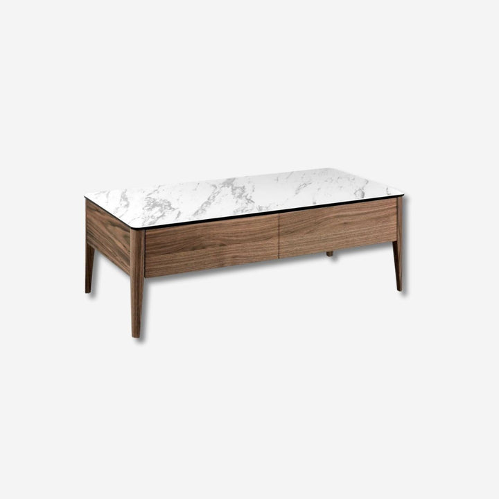 Mesa centro rectangular mármol porcelánico y nogal