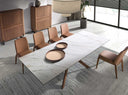 Mesa comedor extensible rectangular mármol porcelánico y acero efecto nogal