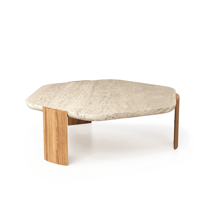 Mesa de centro Patas natural en fresno y mármol travertino