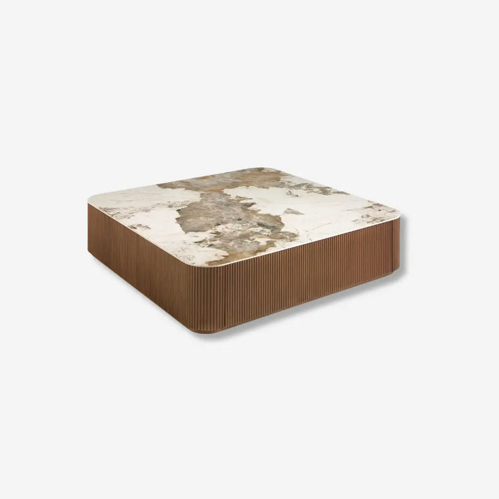 Mesa centro cuadrada mármol porcelánico y nogal