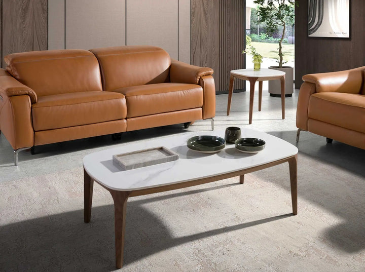 Mesa centro ovalada barril marmol porcelanico y nogal