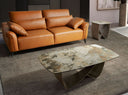 Mesa centro ovalada barril mamol porcelanico y acero taupe metalizado